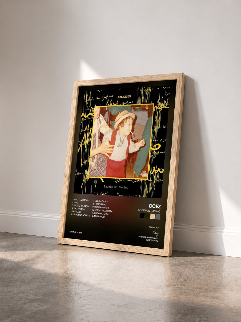 #bois Tableau de l'album Faccio un casino de Coez vu de trois quarts, cadre en bois brut