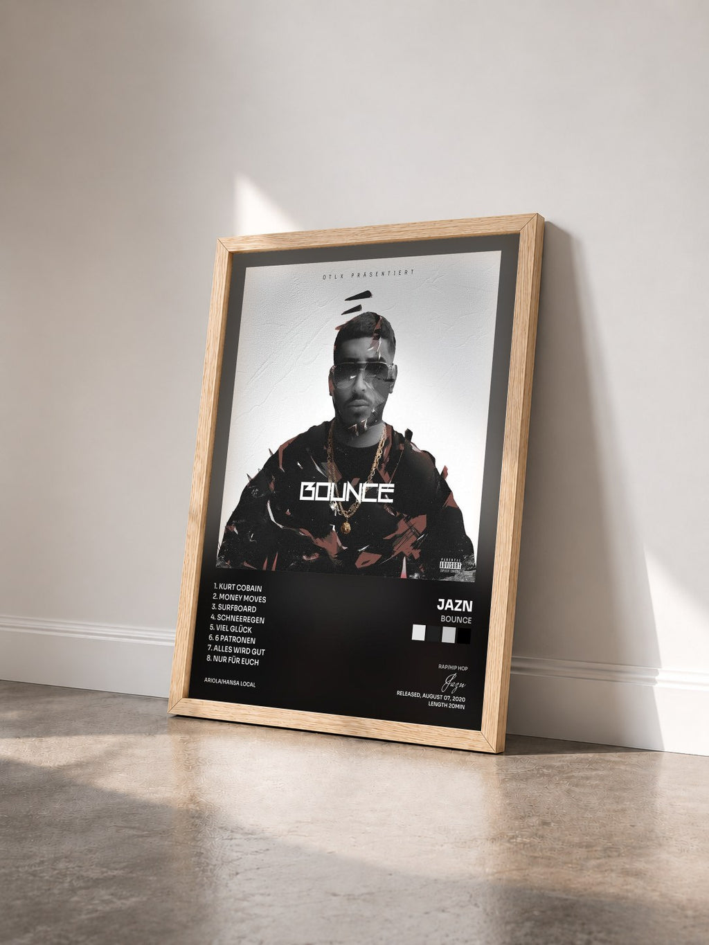 #bois Tableau de l'album Bounce de Jazn vu de trois quarts, cadre en bois brut