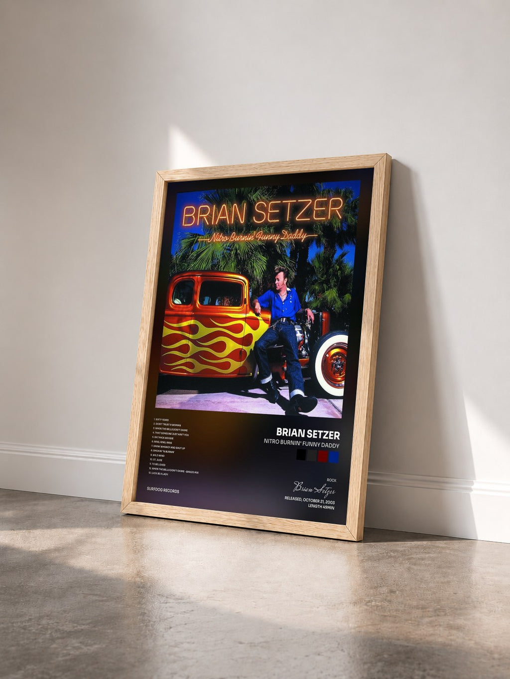 #bois Tableau de l'album Nitro Burnin' Funny Daddy de Brian Setzer vu de trois quarts, cadre en bois brut