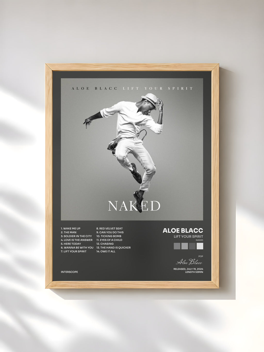 #bois Tableau de l'album Lift Your Spirit (Naked) de Aloe Blacc, cadre en bois brut, imprimé et encadré en France