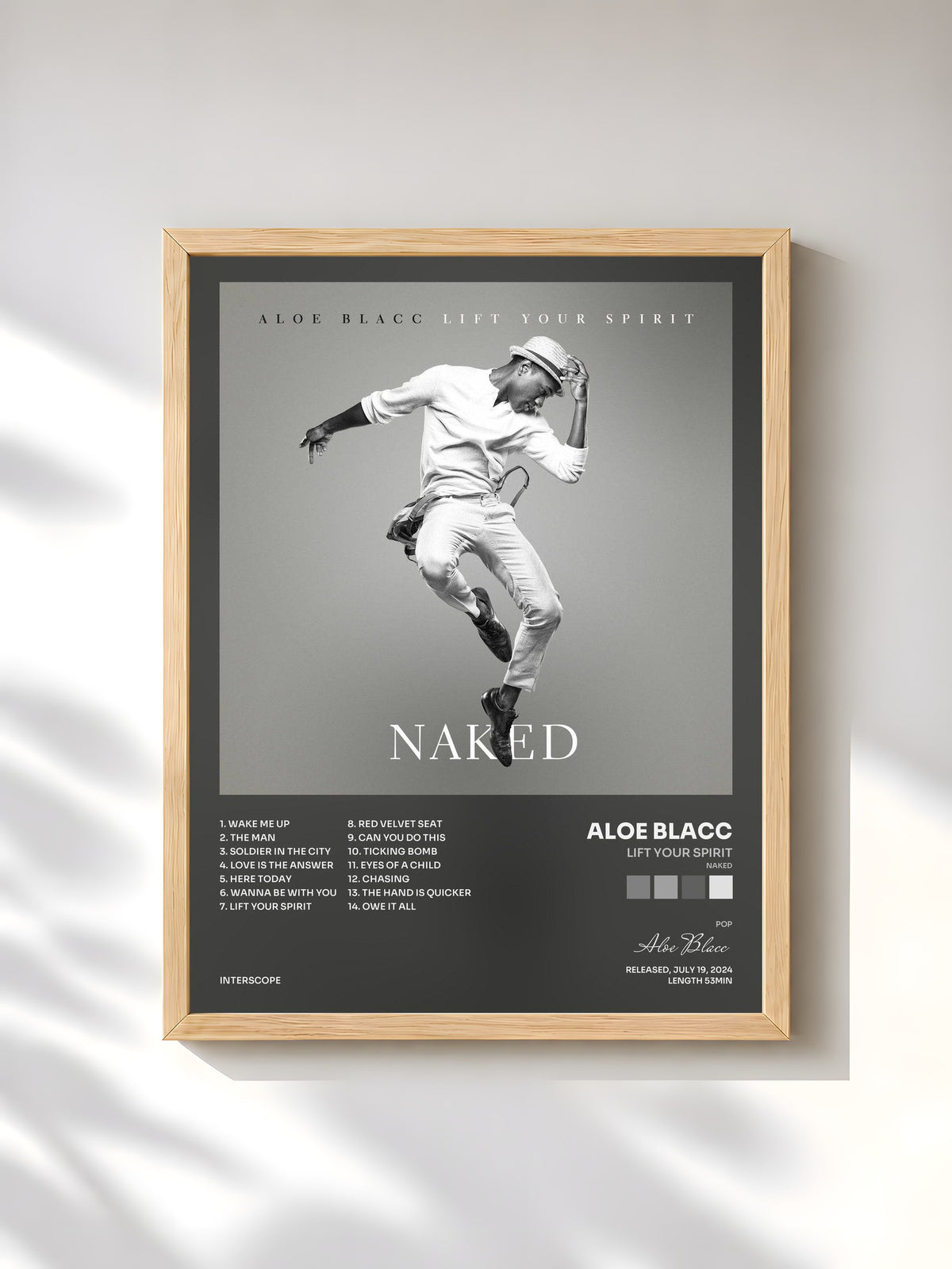 #bois Tableau de l'album Lift Your Spirit (Naked) de Aloe Blacc, cadre en bois brut, imprimé et encadré en France