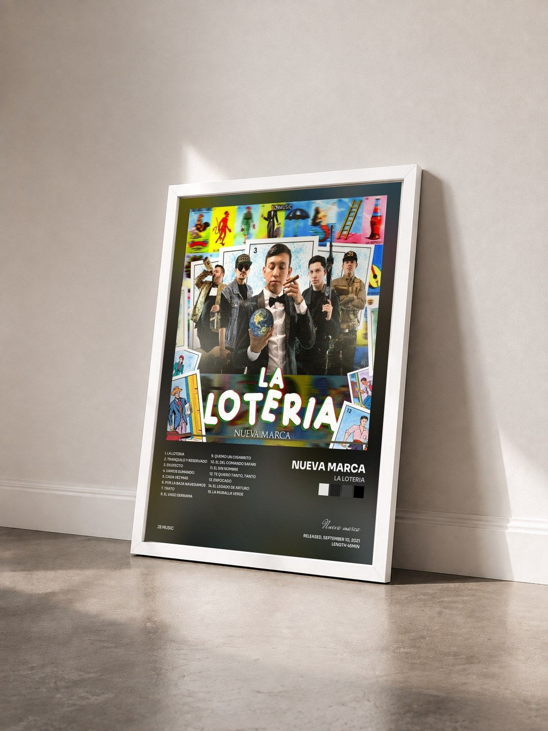 #blanc Tableau de l'album La Loteria de Nueva marca vu de trois quarts, cadre blanc