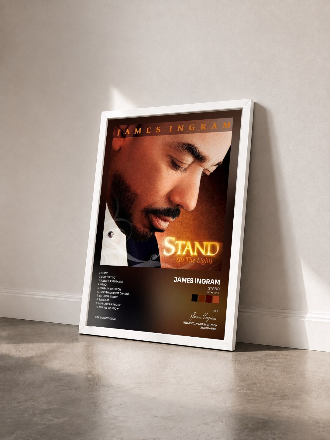 #blanc Tableau de l'album Stand (in the Light) de James Ingram vu de trois quarts, cadre blanc