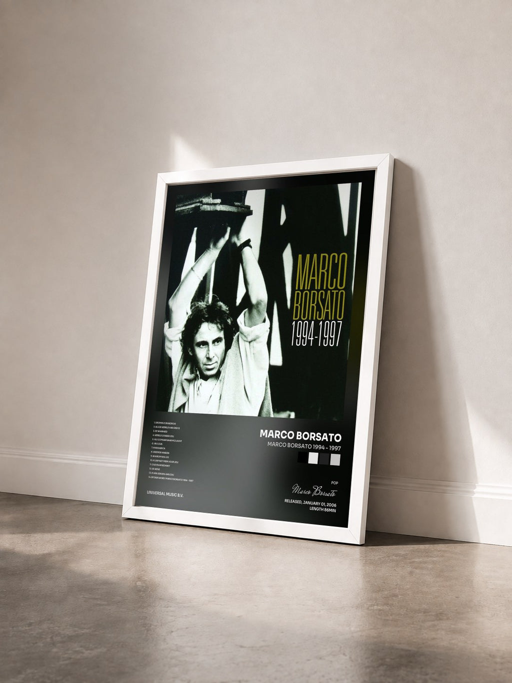 #blanc Tableau de l'album Marco Borsato 1994 - 1997 de Marco Borsato vu de trois quarts, cadre blanc
