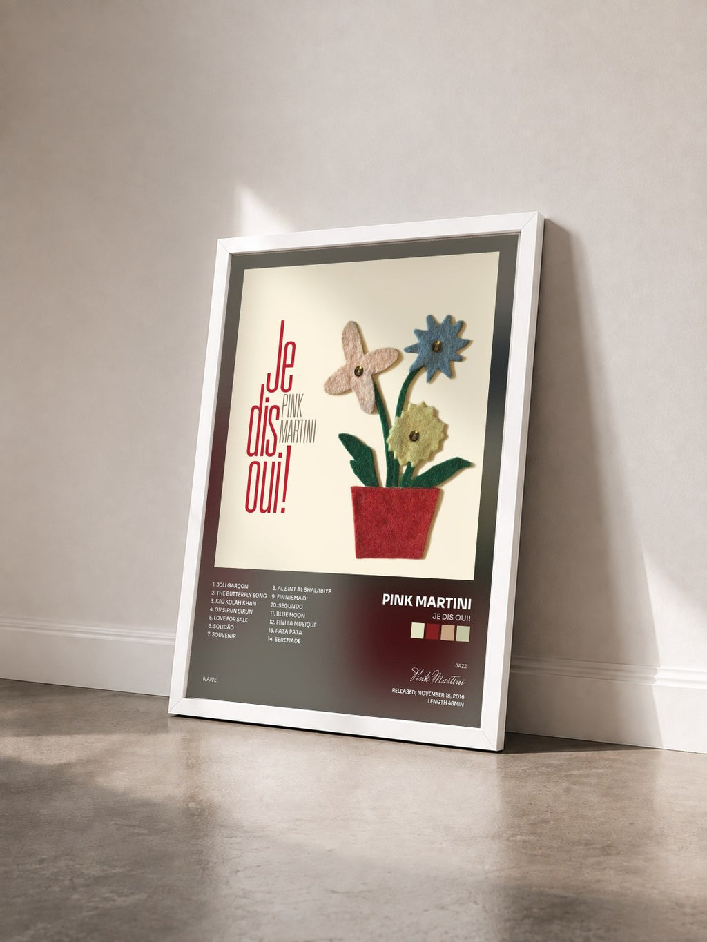 #blanc Tableau de l'album Je dis oui! de Pink Martini vu de trois quarts, cadre blanc