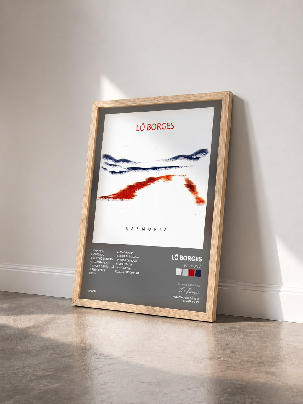 #bois Tableau de l'album Harmonia de Lô Borges vu de trois quarts, cadre en bois brut