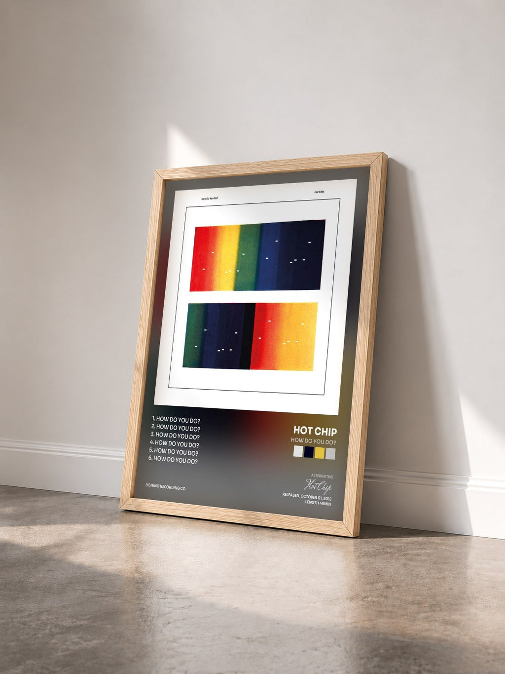 #bois Tableau de l'album How Do You Do? de Hot Chip vu de trois quarts, cadre en bois brut