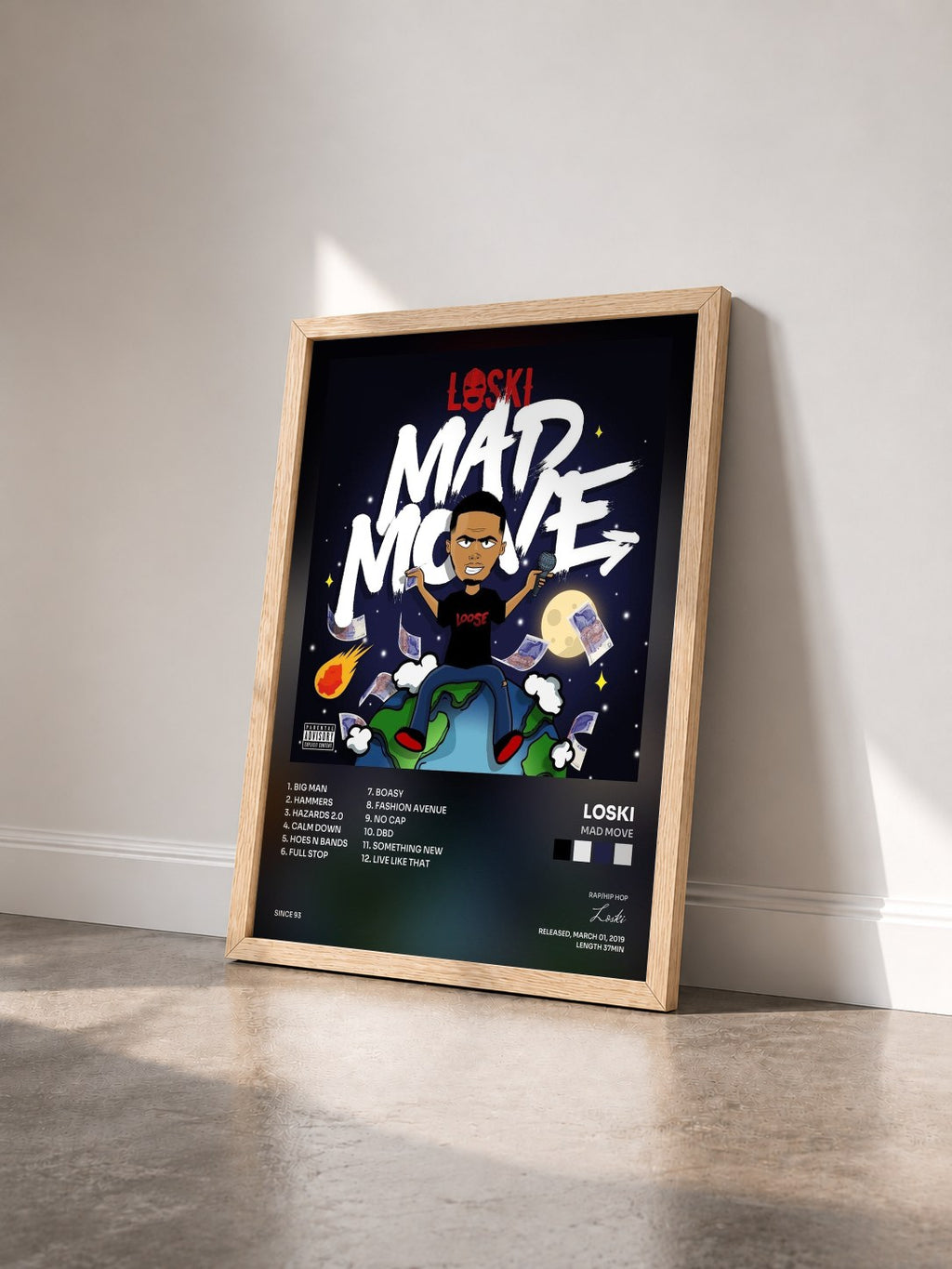 #bois Tableau de l'album Mad Move de Loski vu de trois quarts, cadre en bois brut