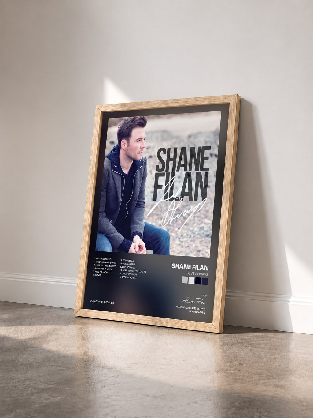 #bois Tableau de l'album Love Always de Shane Filan vu de trois quarts, cadre en bois brut