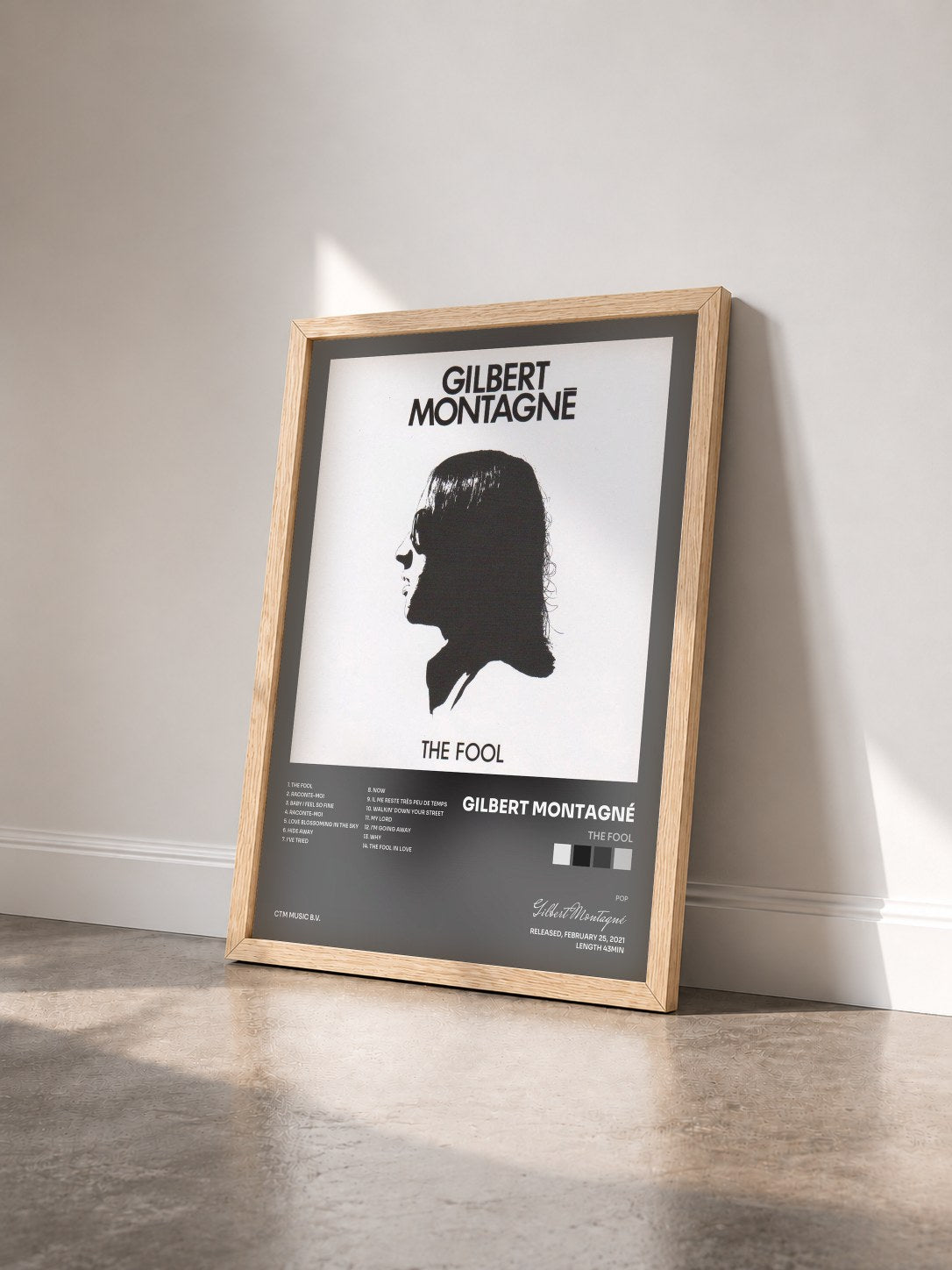 #bois Tableau de l'album The Fool de Gilbert Montagné vu de trois quarts, cadre en bois brut
