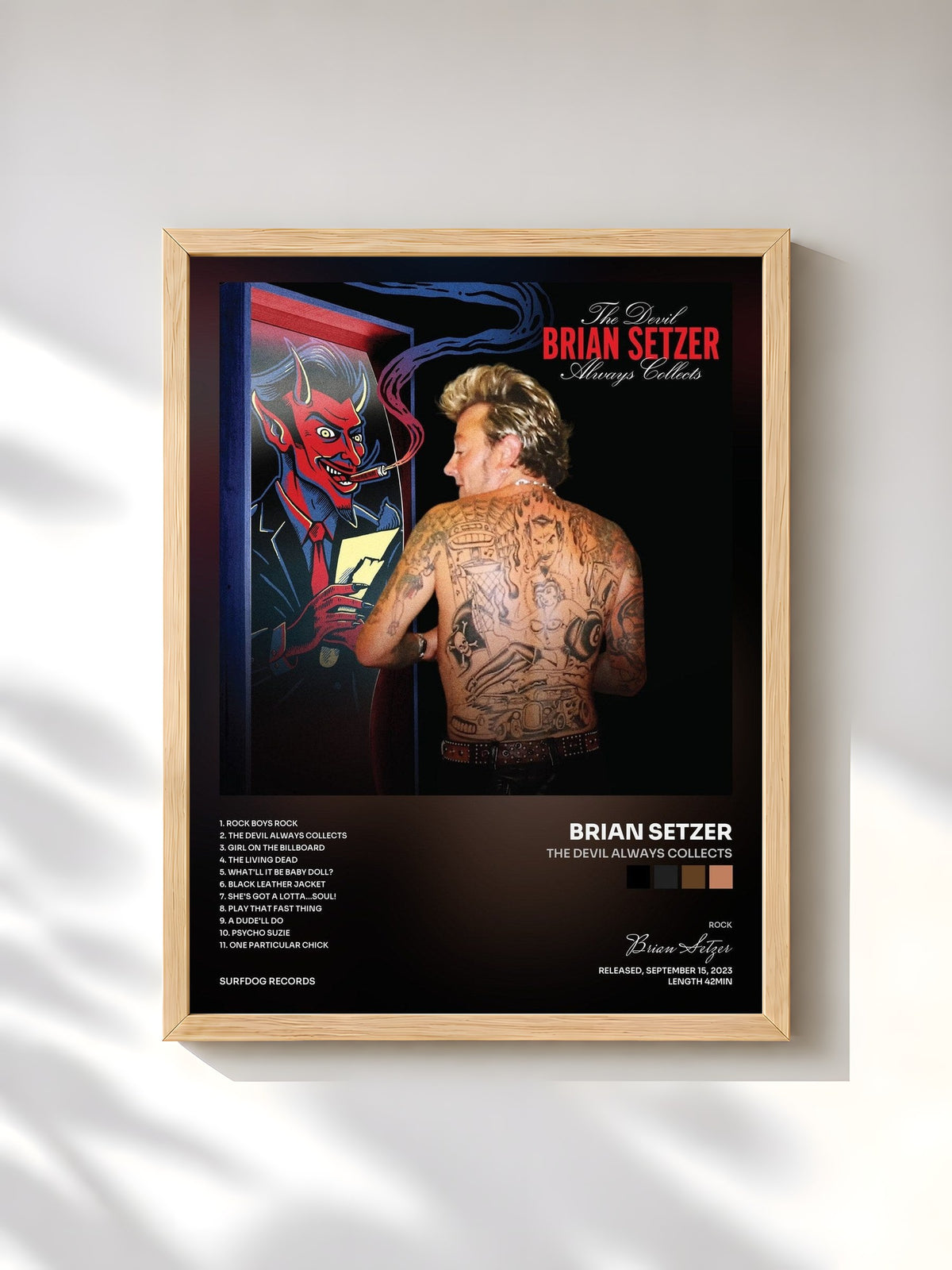 #bois Tableau de l'album The Devil Always Collects de Brian Setzer, cadre en bois brut, imprimé et encadré en France