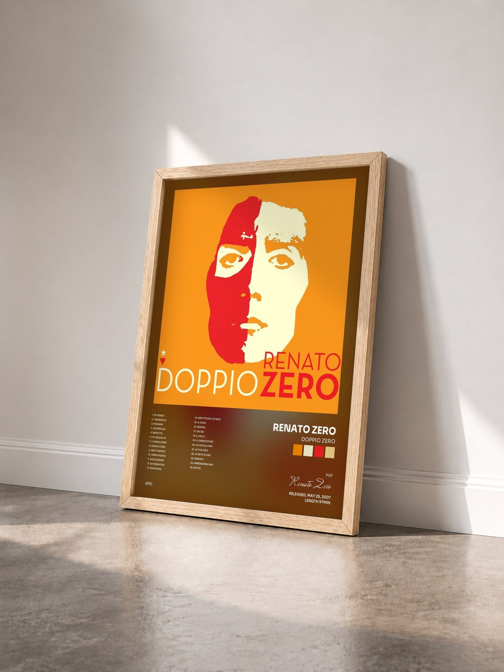 #bois Tableau de l'album Doppio Zero de Renato Zero vu de trois quarts, cadre en bois brut