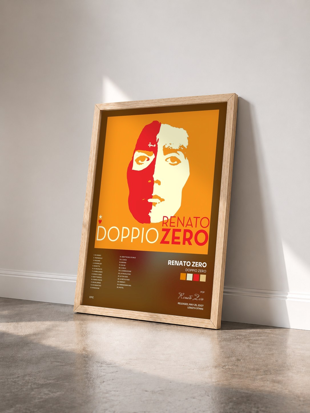 #bois Tableau de l'album Doppio Zero de Renato Zero vu de trois quarts, cadre en bois brut