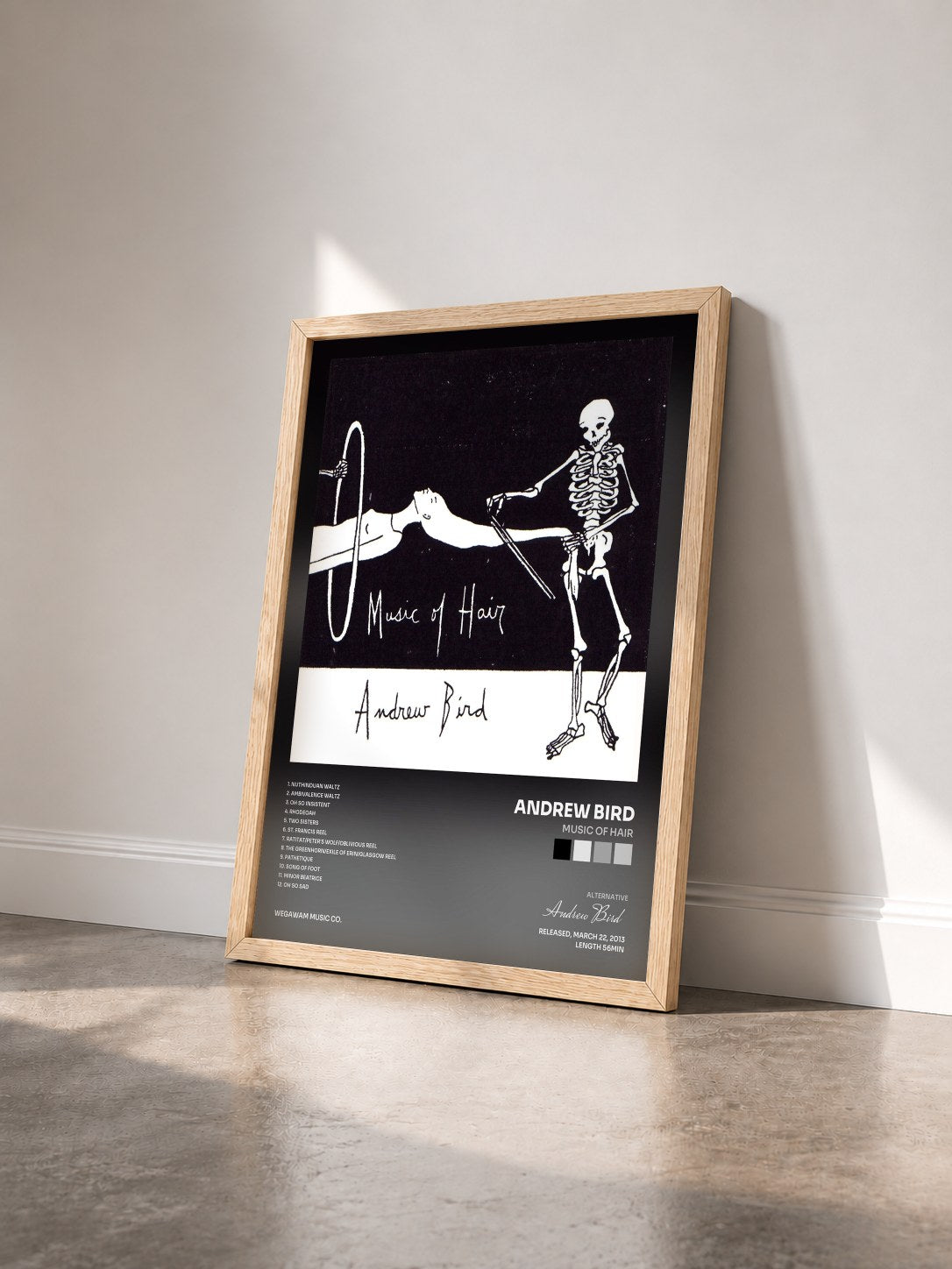 #bois Tableau de l'album Music of Hair de Andrew Bird vu de trois quarts, cadre en bois brut