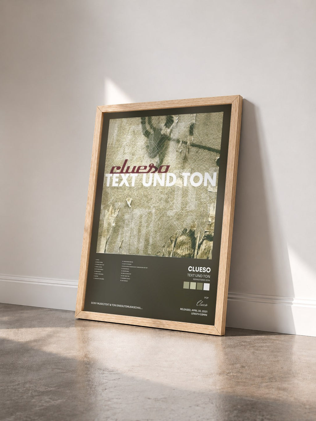 #bois Tableau de l'album Text und Ton (Remastered 2014) de Clueso vu de trois quarts, cadre en bois brut
