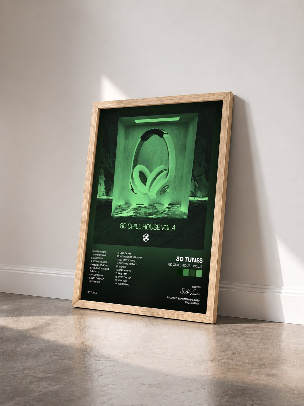 #bois Tableau de l'album 8D Chill House Vol. 4 de 8D Tunes vu de trois quarts, cadre en bois brut