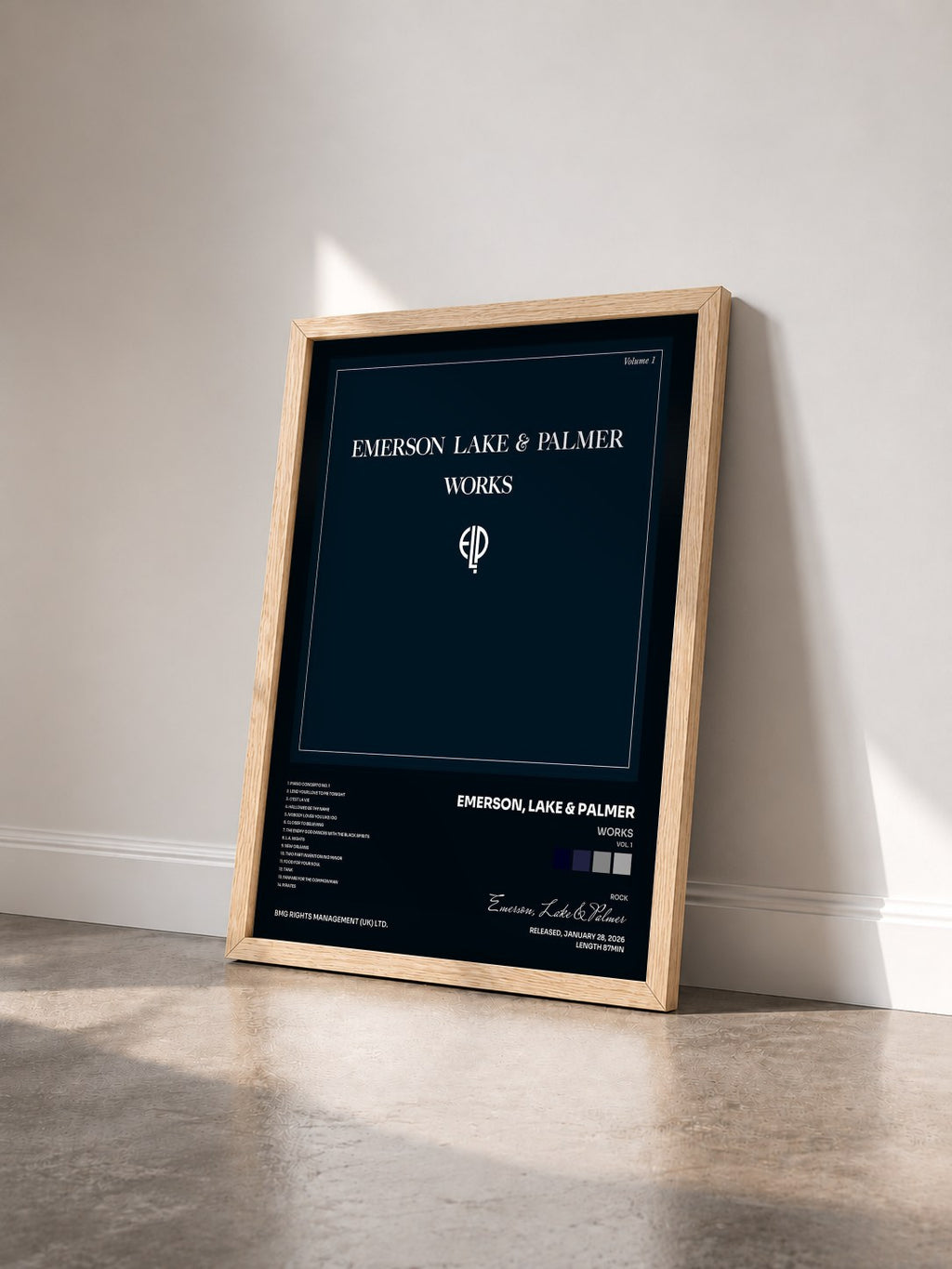 #bois Tableau de l'album Works (Vol. 1) de Emerson, Lake & Palmer vu de trois quarts, cadre en bois brut