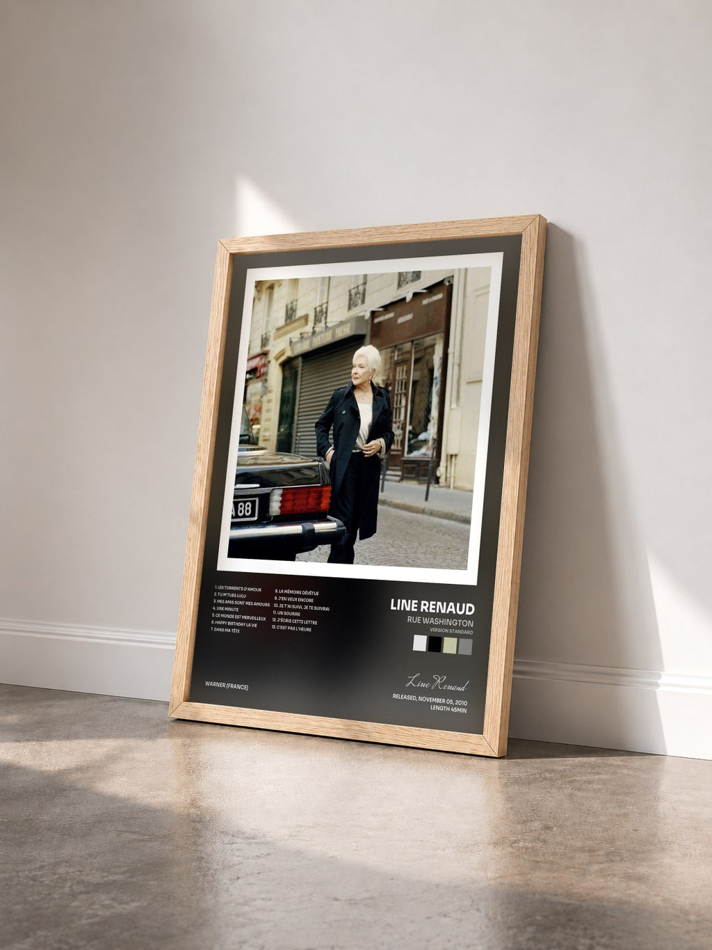 #bois Tableau de l'album Rue Washington (version standard) de Line Renaud vu de trois quarts, cadre en bois brut