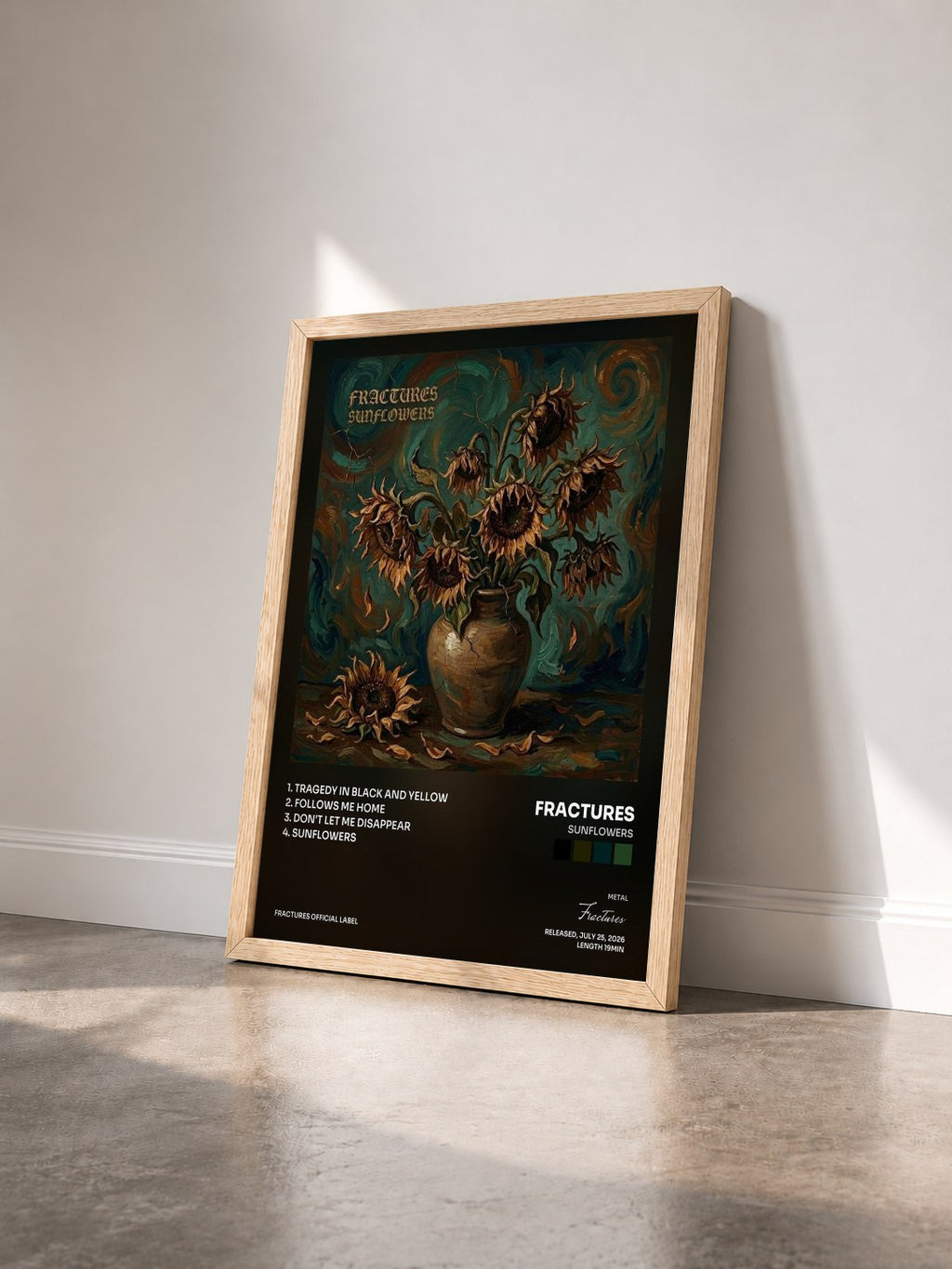 #bois Tableau de l'album Sunflowers de Fractures vu de trois quarts, cadre en bois brut