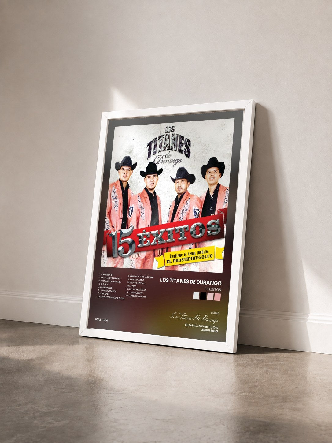 #blanc Tableau de l'album 15 Exitos de Los Titanes De Durango vu de trois quarts, cadre blanc