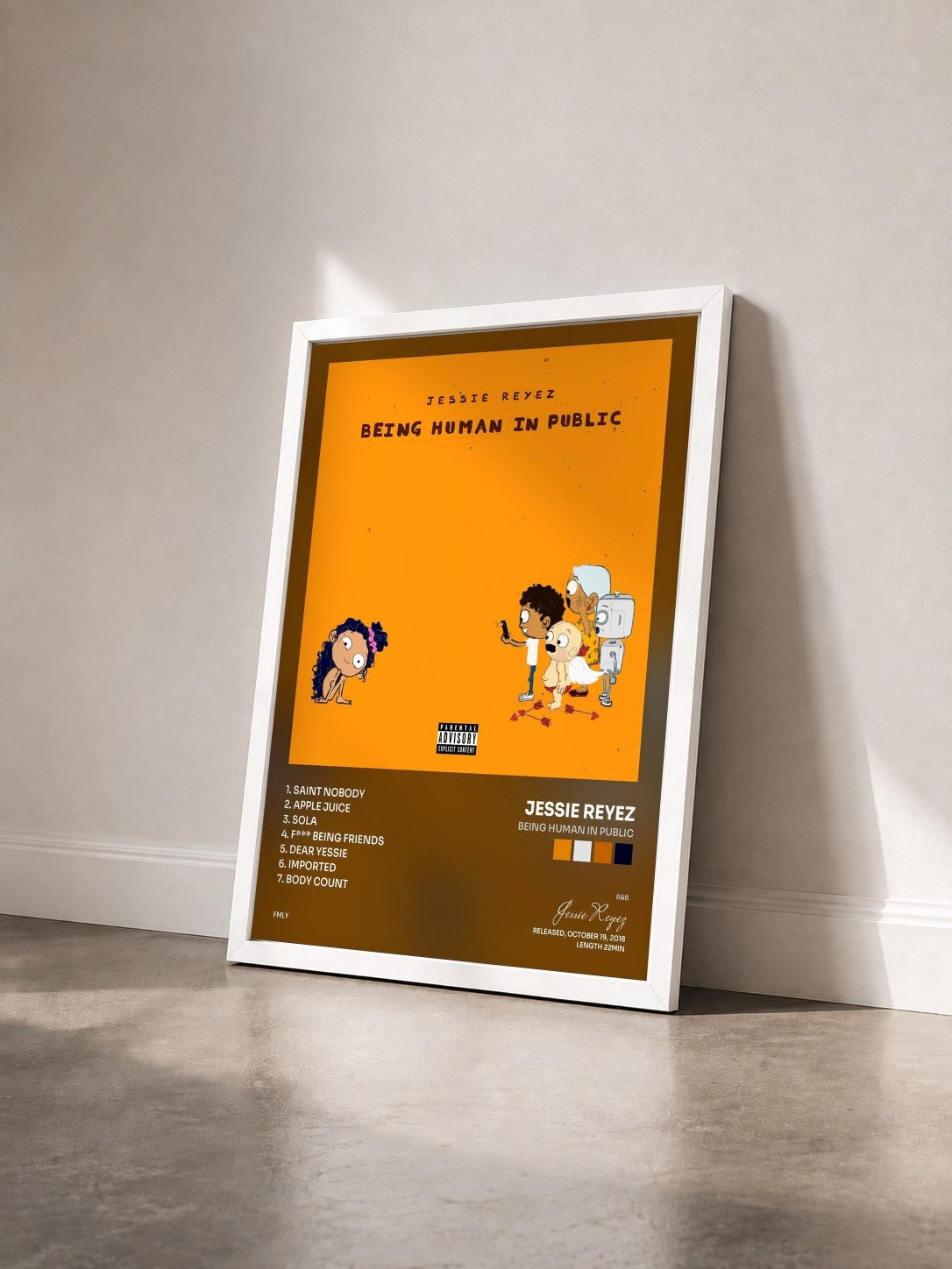 #blanc Tableau de l'album Being Human In Public de Jessie Reyez vu de trois quarts, cadre blanc