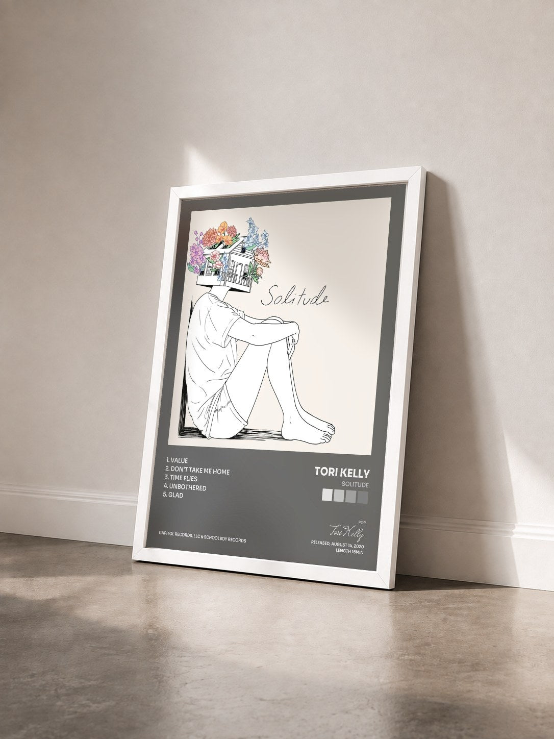 #blanc Tableau de l'album Solitude de Tori Kelly vu de trois quarts, cadre blanc
