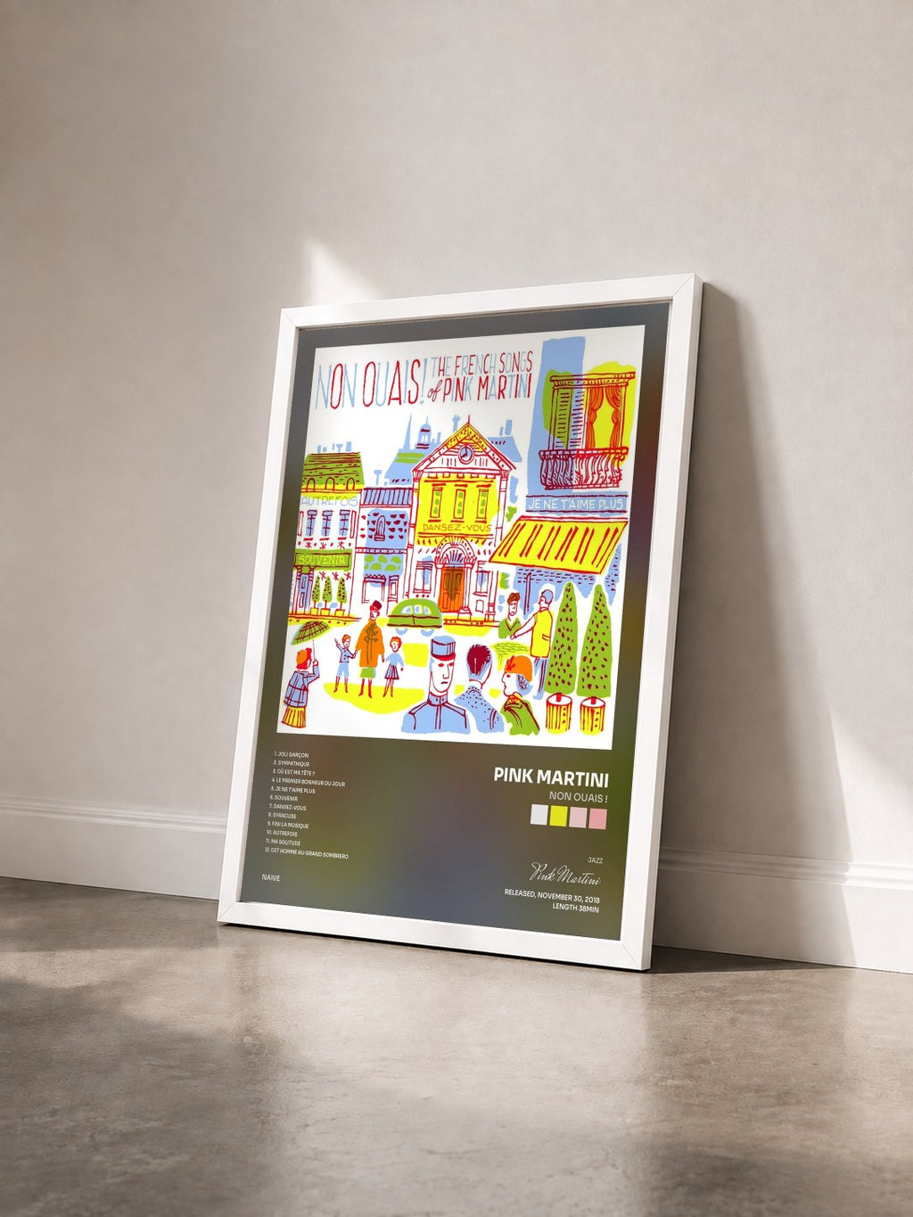 #blanc Tableau de l'album Non ouais ! de Pink Martini vu de trois quarts, cadre blanc