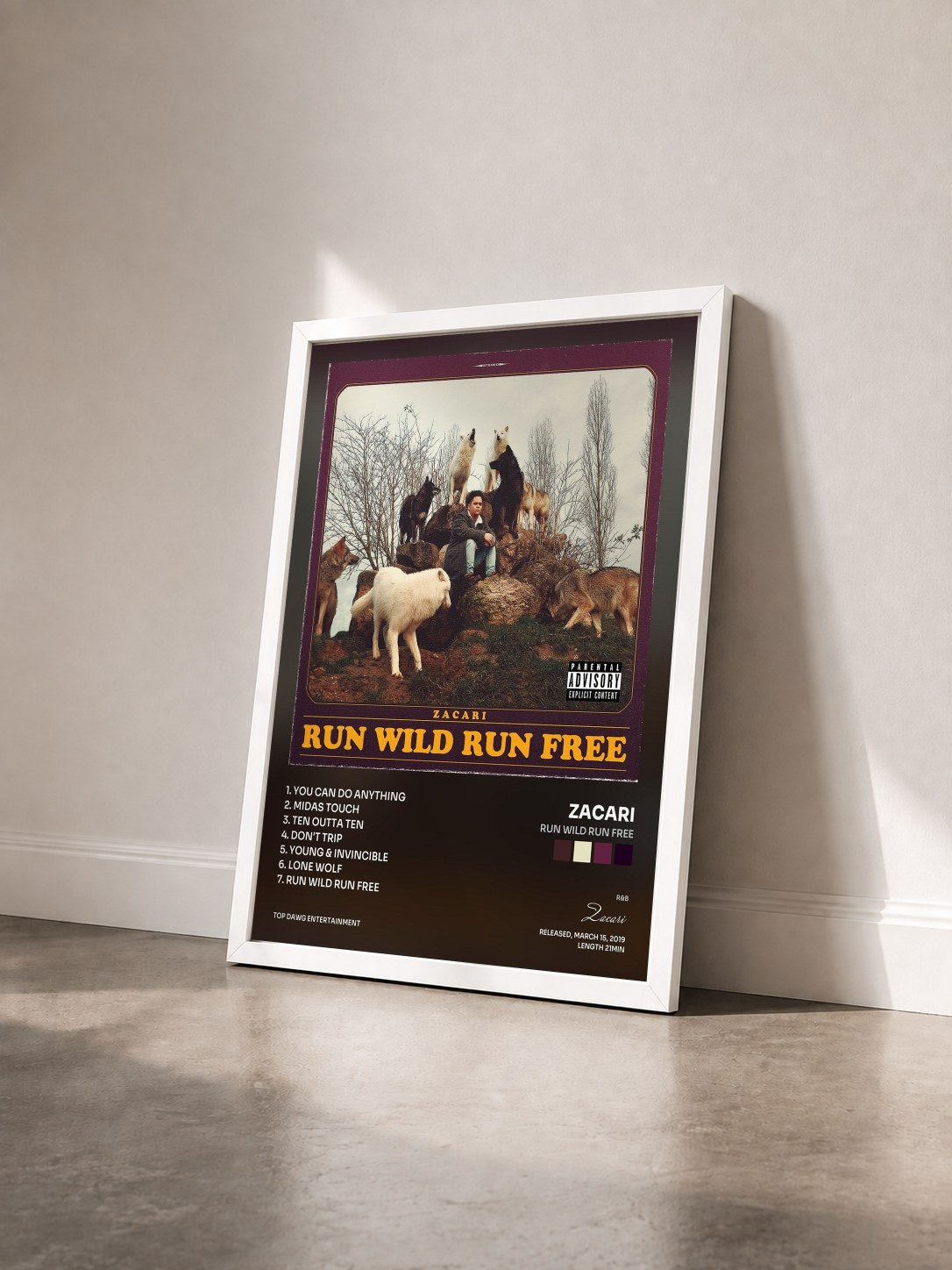 #blanc Tableau de l'album Run Wild Run Free de Zacari vu de trois quarts, cadre blanc