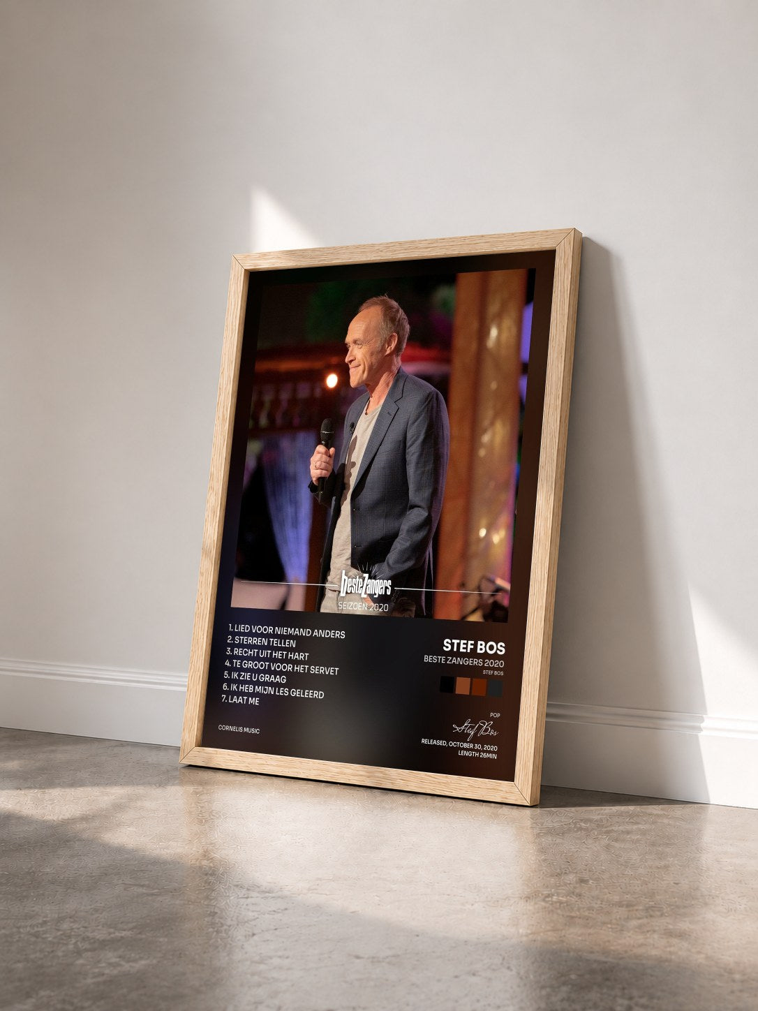 #bois Tableau de l'album Beste Zangers 2020 (Stef Bos) de Stef Bos vu de trois quarts, cadre en bois brut