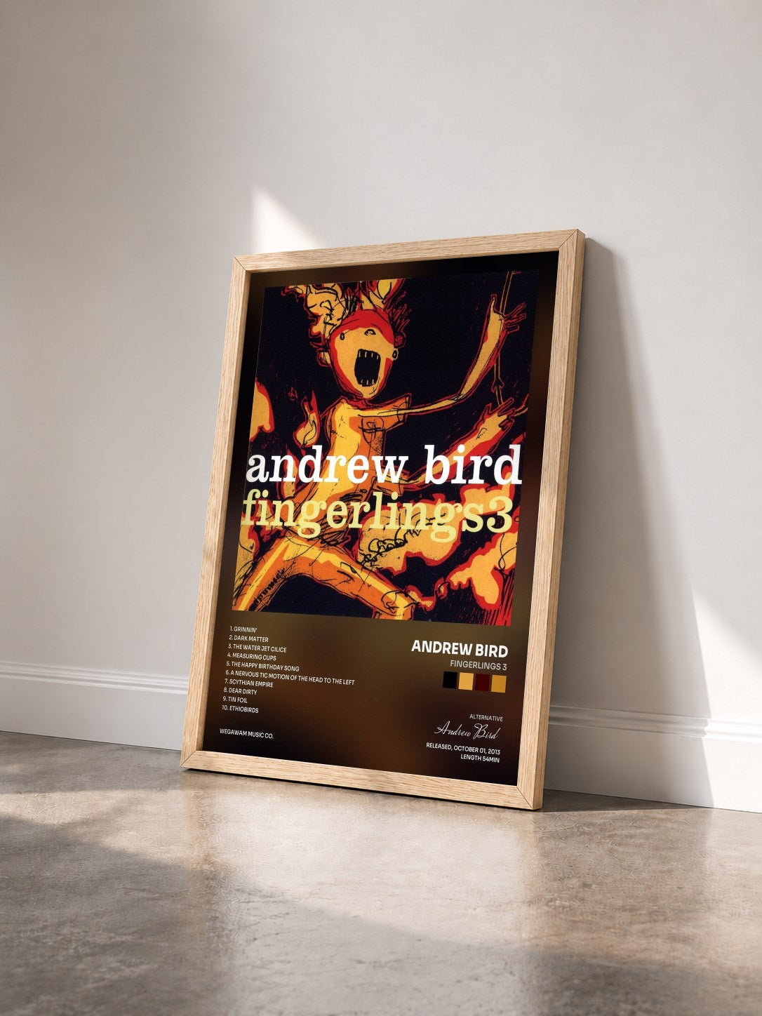 #bois Tableau de l'album Fingerlings 3 de Andrew Bird vu de trois quarts, cadre en bois brut