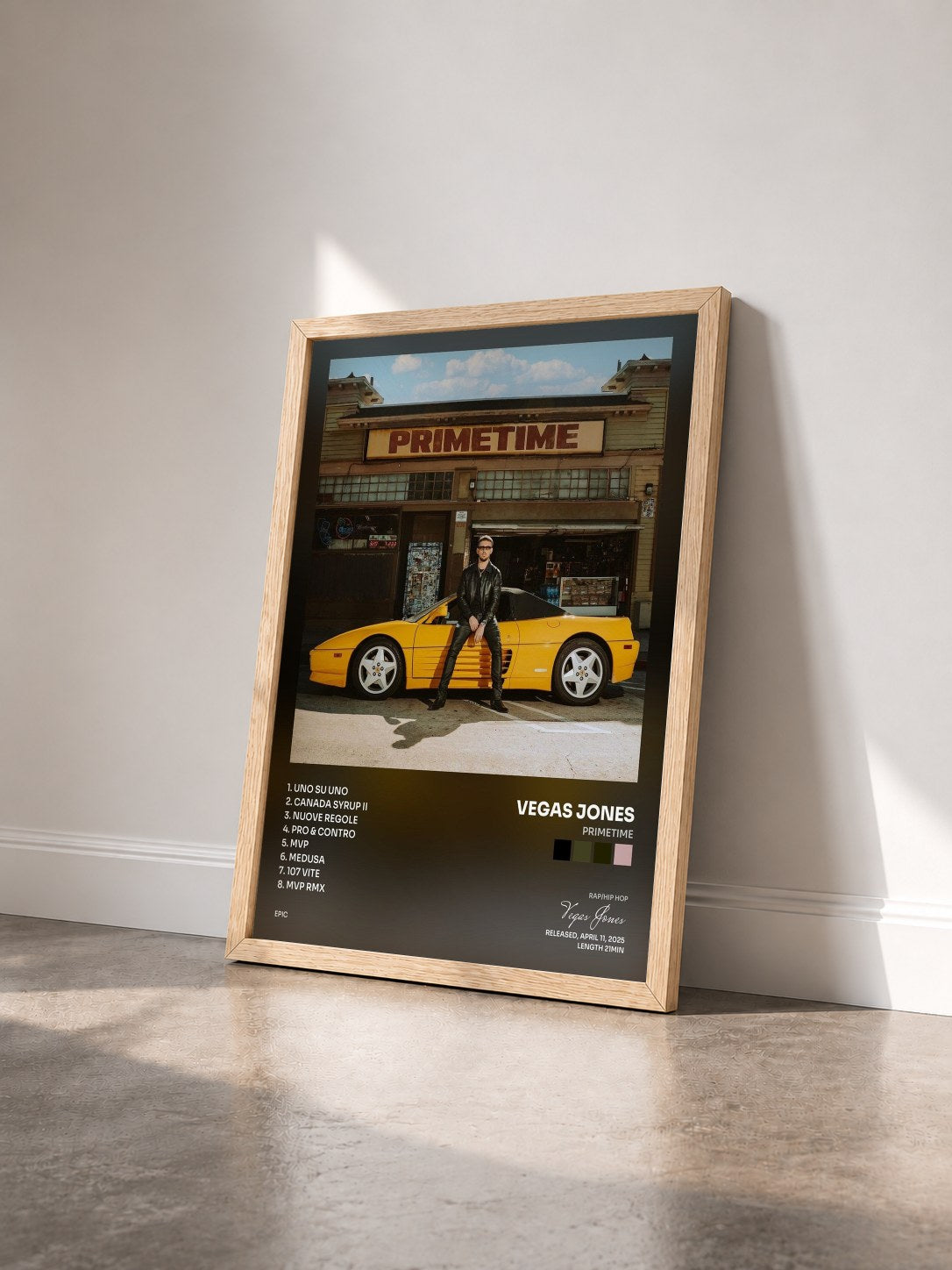 #bois Tableau de l'album PRIMETIME de Vegas Jones vu de trois quarts, cadre en bois brut