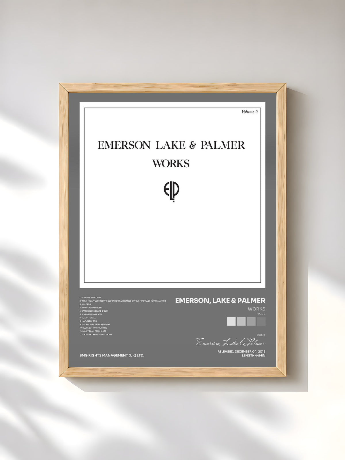 #bois Tableau de l'album Works (Vol. 2) de Emerson, Lake & Palmer, cadre en bois brut, imprimé et encadré en France