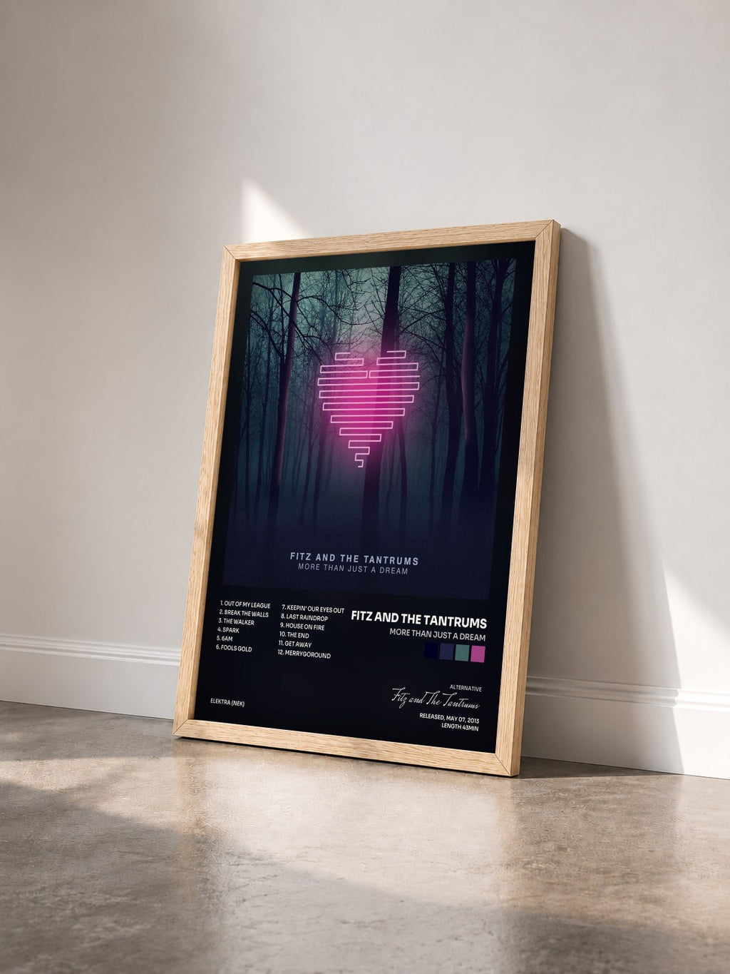 #bois Tableau de l'album More Than Just a Dream de Fitz and The Tantrums vu de trois quarts, cadre en bois brut