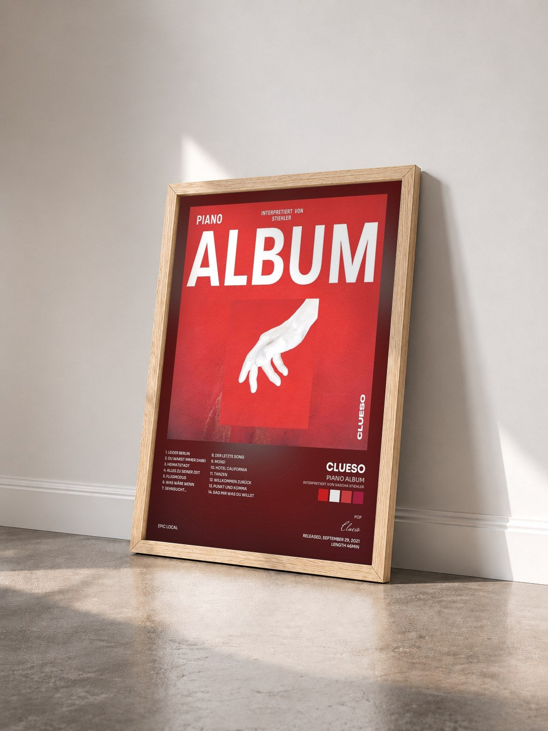 #bois Tableau de l'album Piano ALBUM (interpretiert von Sascha Stiehler) de Clueso vu de trois quarts, cadre en bois brut