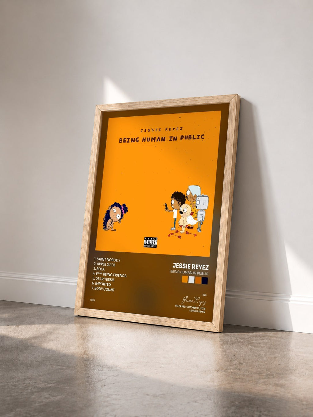 #bois Tableau de l'album Being Human In Public de Jessie Reyez vu de trois quarts, cadre en bois brut