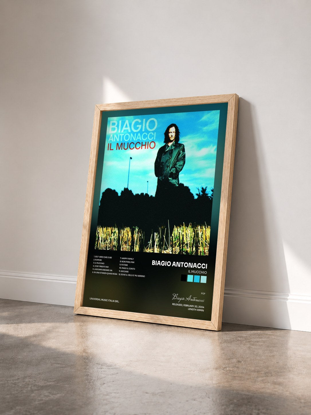 #bois Tableau de l'album Il Mucchio de Biagio Antonacci vu de trois quarts, cadre en bois brut