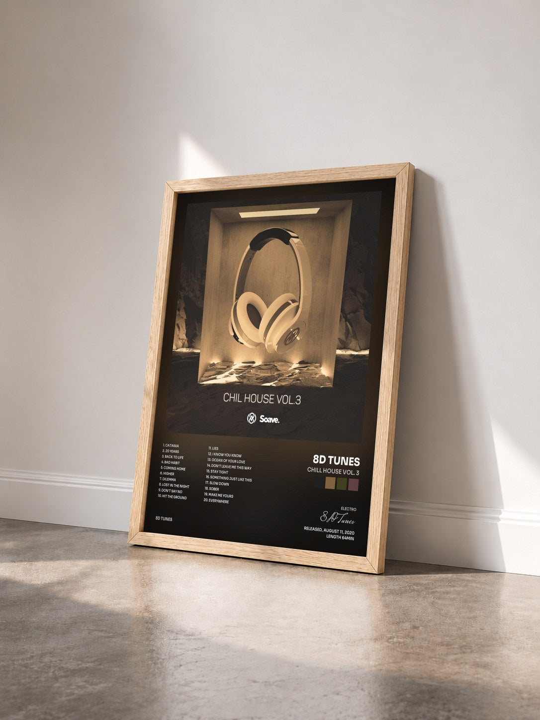 #bois Tableau de l'album Chill House Vol. 3 de 8D Tunes vu de trois quarts, cadre en bois brut