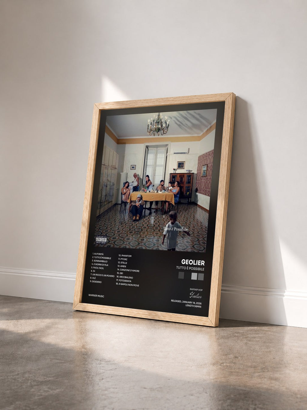 #bois Tableau de l'album TUTTO È POSSIBILE de Geolier vu de trois quarts, cadre en bois brut