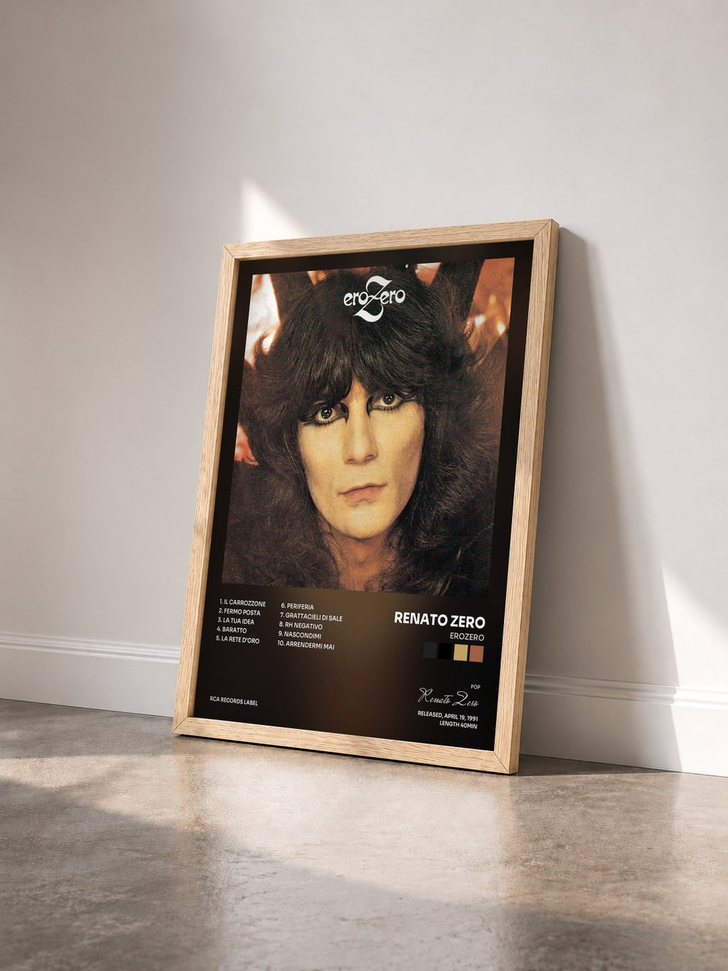 #bois Tableau de l'album Erozero de Renato Zero vu de trois quarts, cadre en bois brut