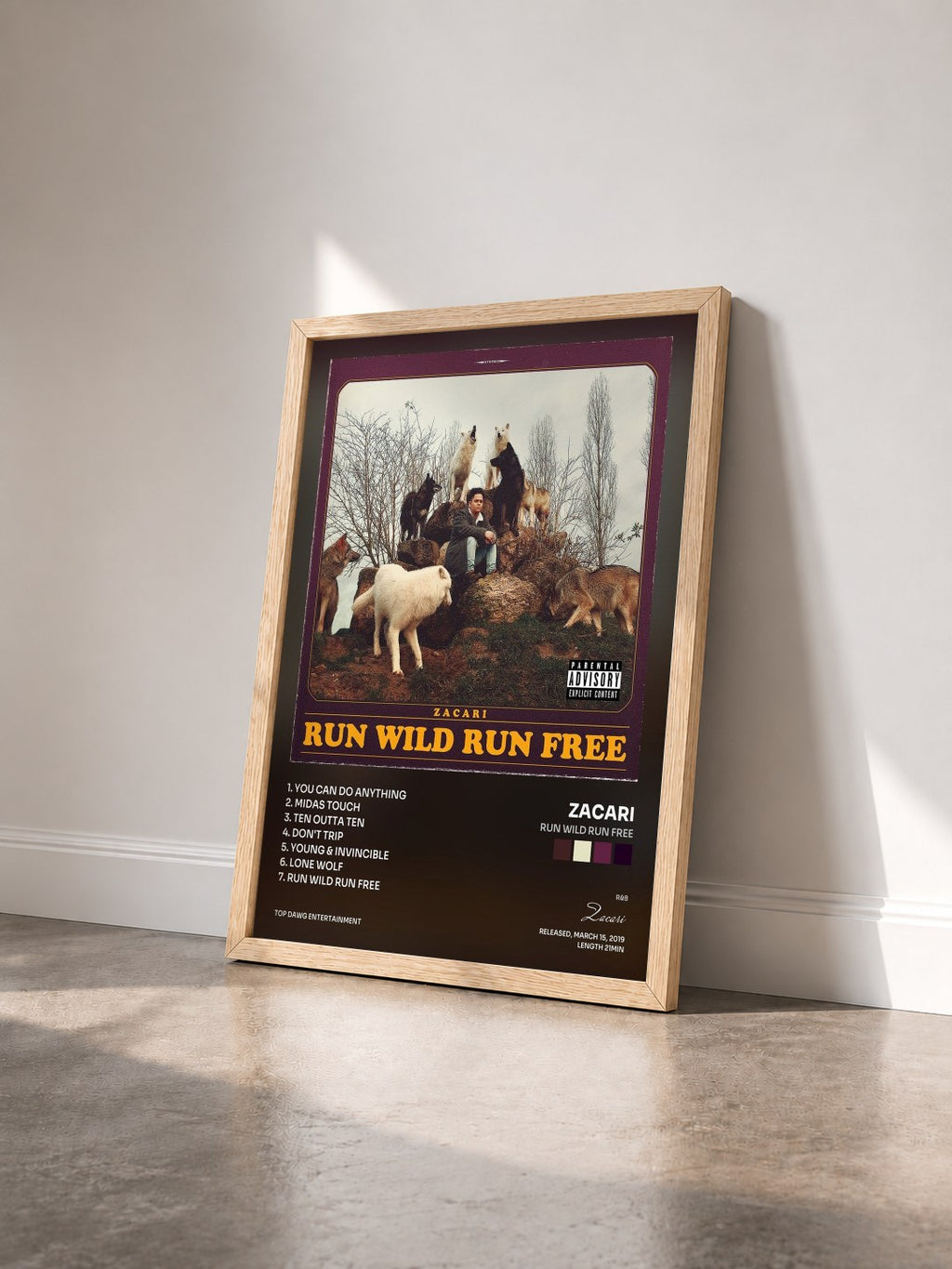#bois Tableau de l'album Run Wild Run Free de Zacari vu de trois quarts, cadre en bois brut