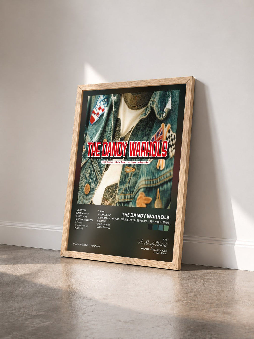 #bois Tableau de l'album Thirteen Tales From Urban Bohemia de The Dandy Warhols vu de trois quarts, cadre en bois brut
