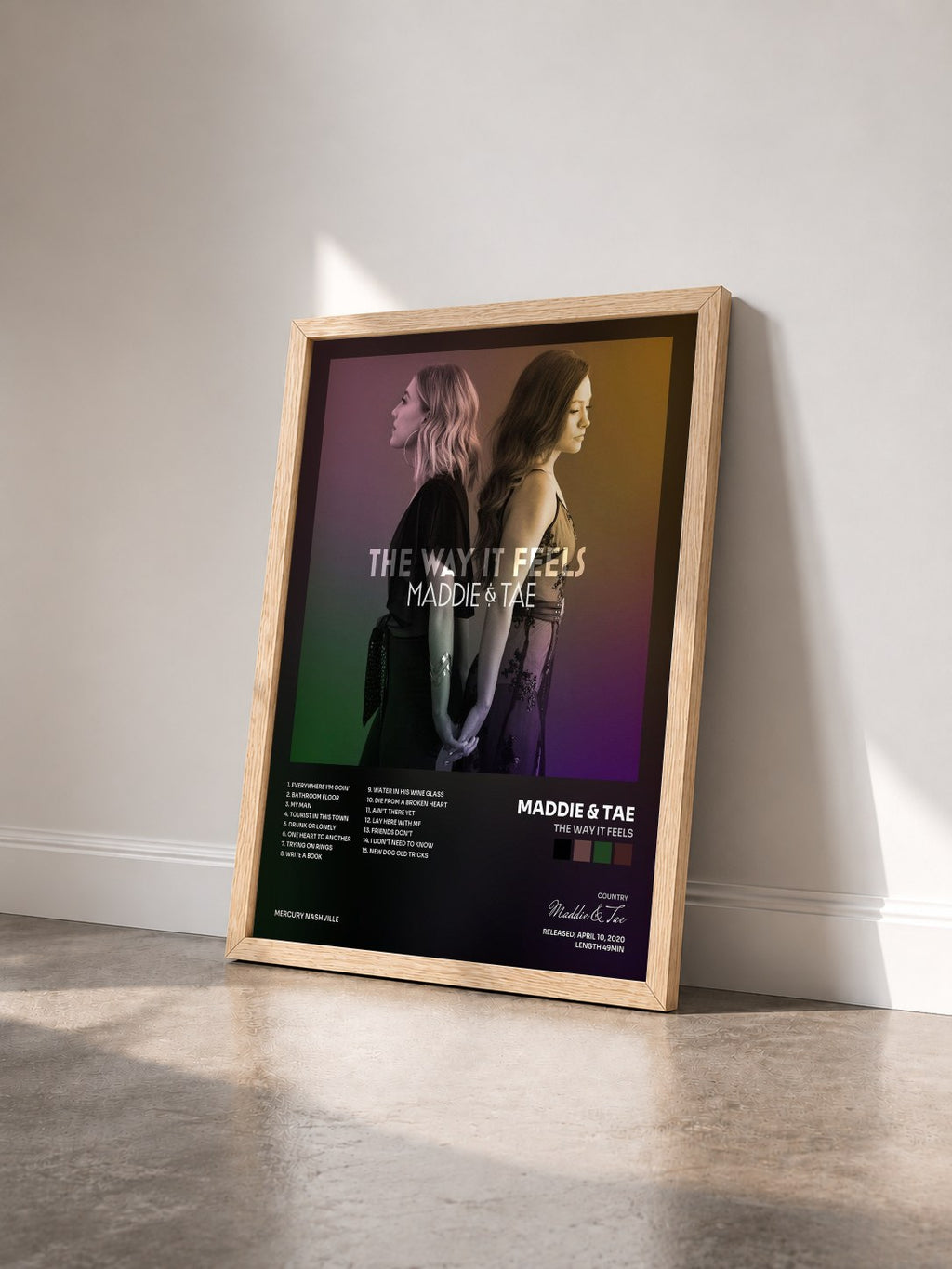 #bois Tableau de l'album The Way It Feels de Maddie & Tae vu de trois quarts, cadre en bois brut