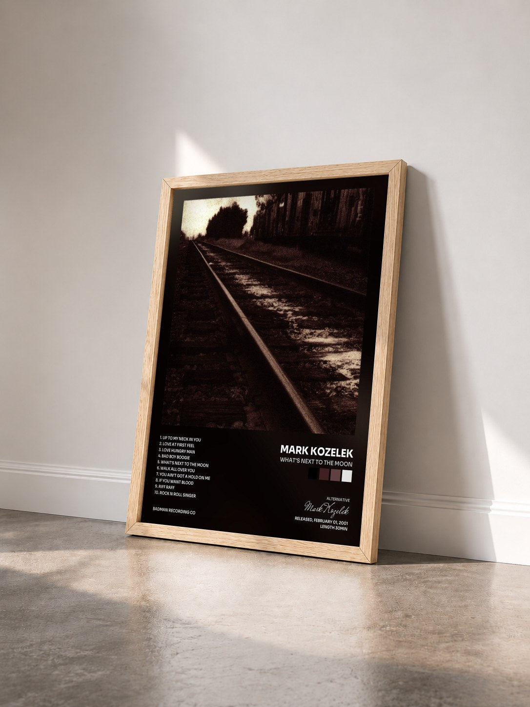 #bois Tableau de l'album What's Next To The Moon de Mark Kozelek vu de trois quarts, cadre en bois brut