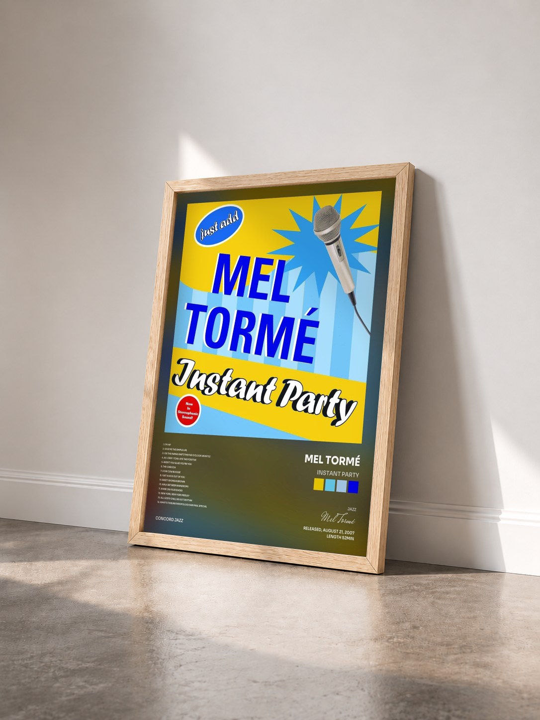 #bois Tableau de l'album Instant Party de Mel Tormé vu de trois quarts, cadre en bois brut