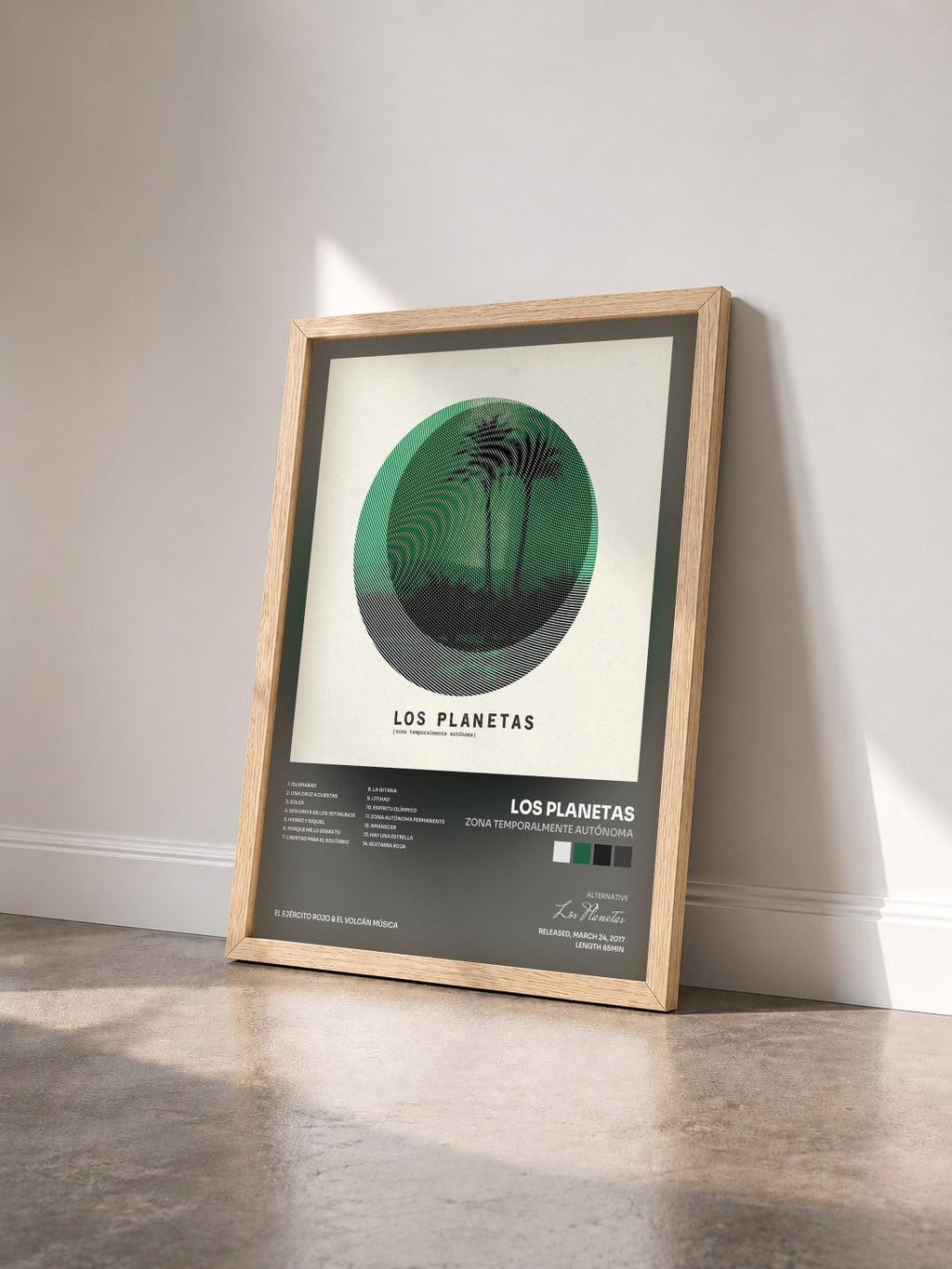 #bois Tableau de l'album Zona Temporalmente Autónoma de Los Planetas vu de trois quarts, cadre en bois brut