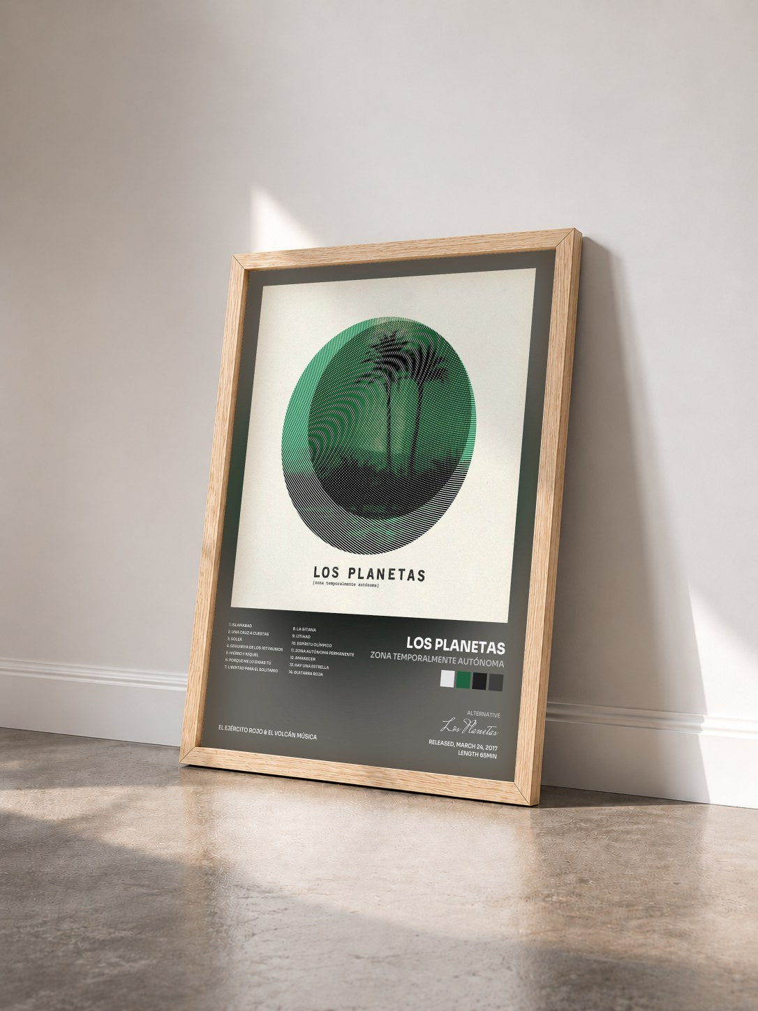 #bois Tableau de l'album Zona Temporalmente Autónoma de Los Planetas vu de trois quarts, cadre en bois brut