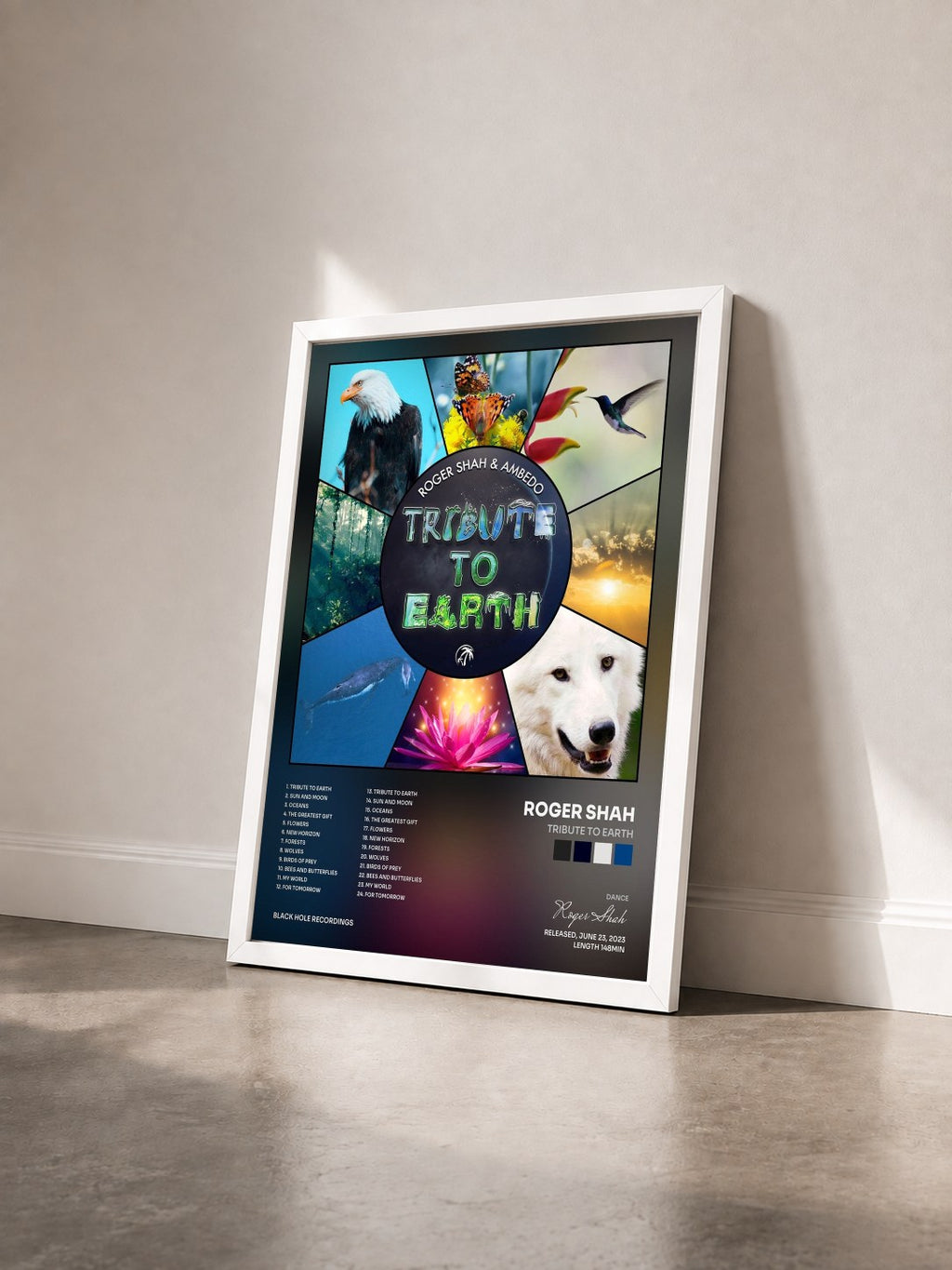 #blanc Tableau de l'album Tribute to Earth de Roger Shah vu de trois quarts, cadre blanc