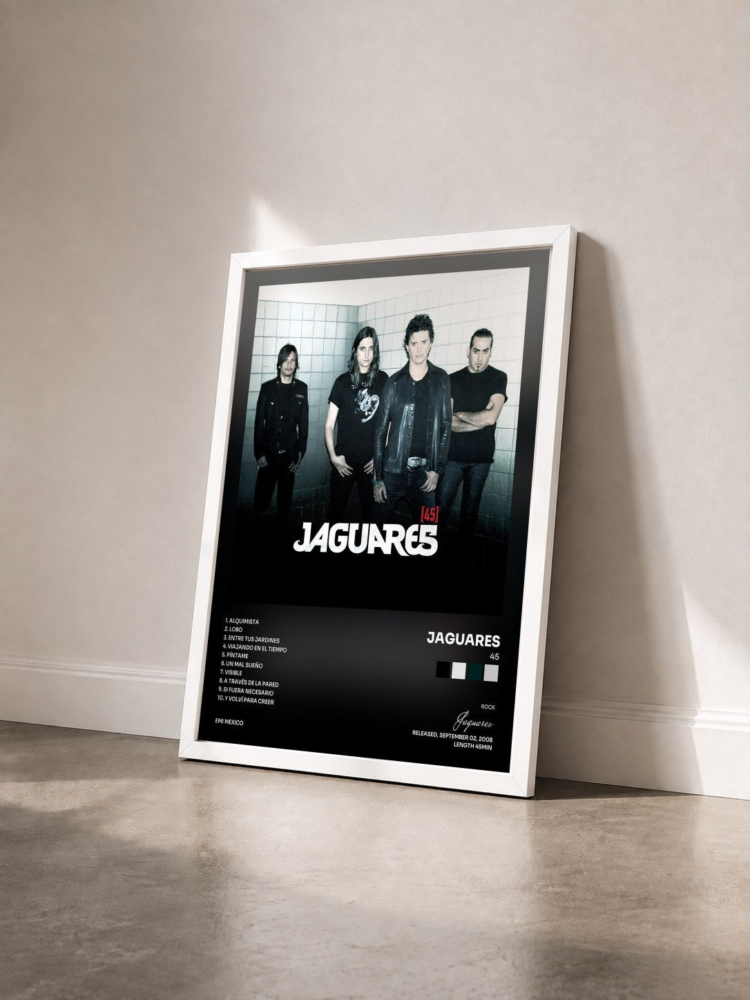 #blanc Tableau de l'album 45 de Jaguares vu de trois quarts, cadre blanc