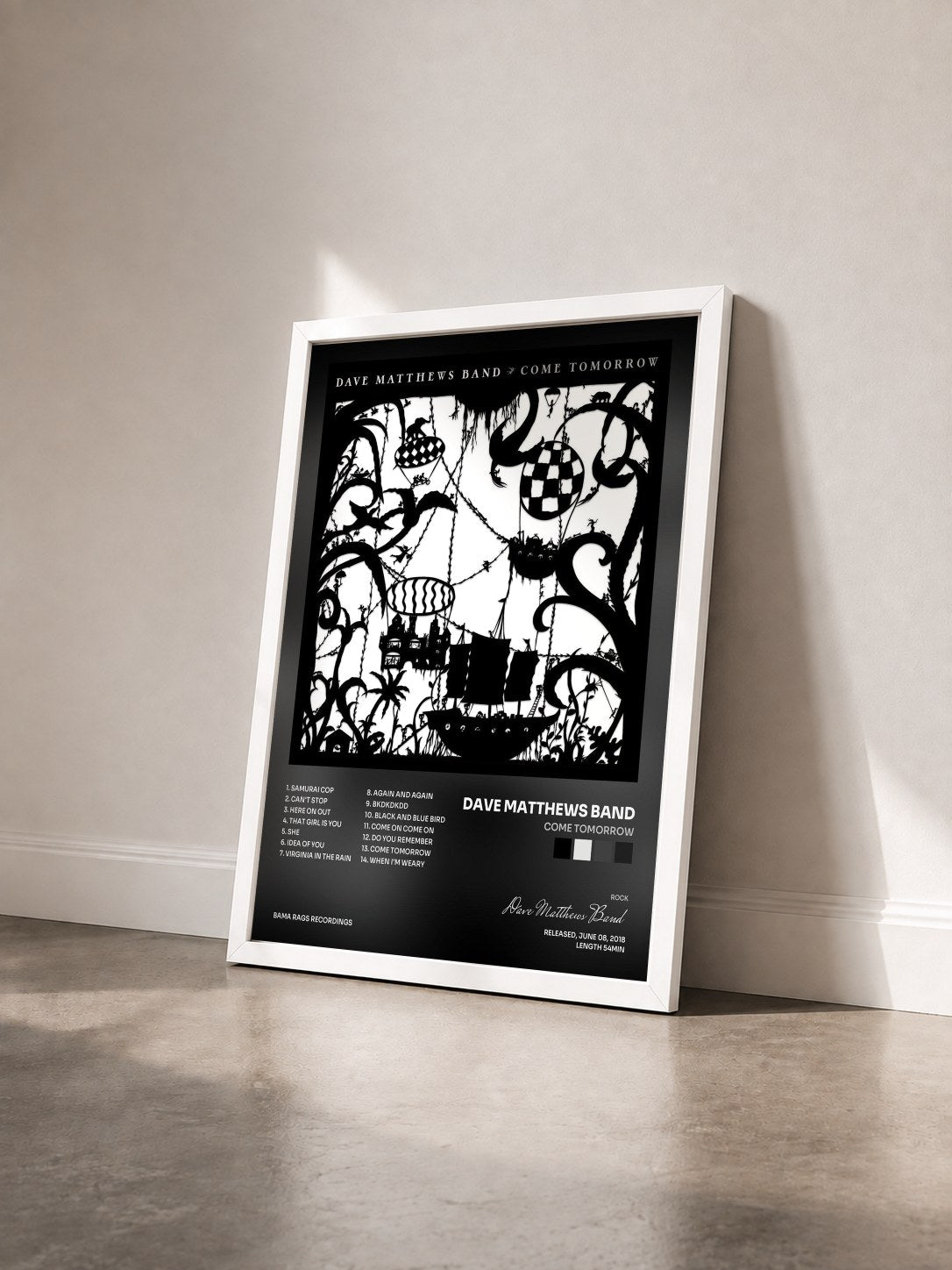 #blanc Tableau de l'album Come Tomorrow de Dave Matthews Band vu de trois quarts, cadre blanc
