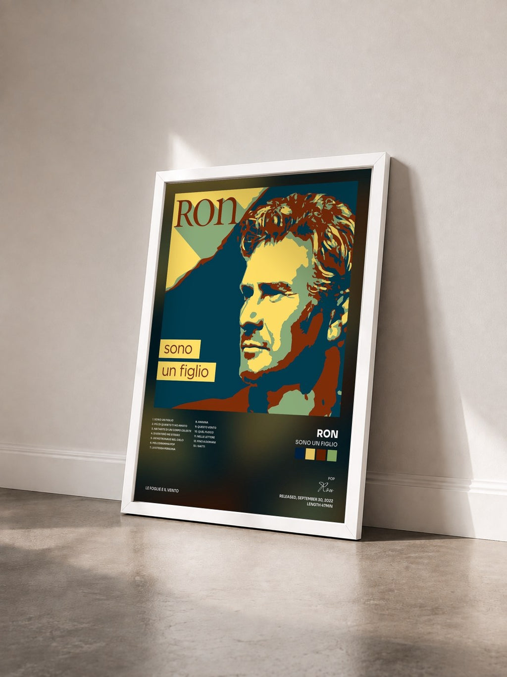 #blanc Tableau de l'album Sono un figlio de Ron vu de trois quarts, cadre blanc